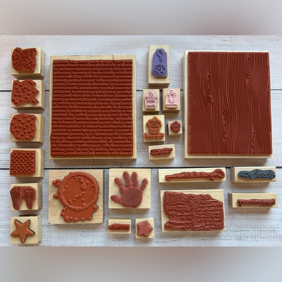 Lot of 22 Wooden Rubber Stamps Stampin Up Woodgrain Typewriter Coffee Baby - Picture 5 of 5